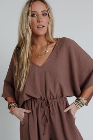 The Nest New Love Relaxed Drawstring Jumpsuit in Mocha from Three Bird Nest