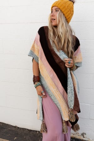 wandering-soul-striped-tassel-ruana-yellow/Yellow