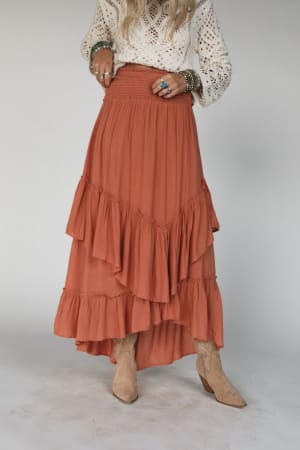 washed-ashore-ruffled-maxi-skirt-brick/Red