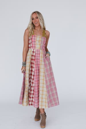 western-charm-checkered-dress-pink/Pink