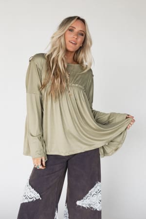 The Nest Solid Serenity Long Sleeve Babydoll Top in Olive from Three Bird Nest