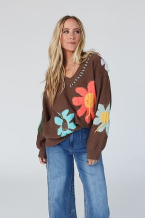 good-mood-flower-print-sweater-brown/Chocolate