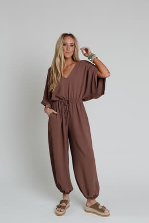 The Nest New Love Relaxed Drawstring Jumpsuit in Mocha from Three Bird Nest