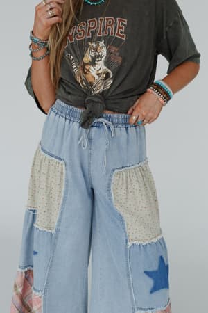 closeup of Coastal Chill Boho Wide Leg Pants in Denim Multi from Three Bird Nest