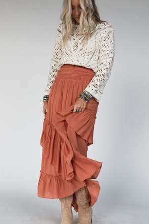 washed-ashore-ruffled-maxi-skirt-brick/Red
