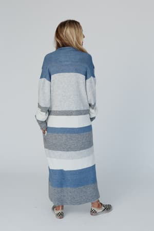 rear view of The Nest So Cozy Oversized Striped Knit Duster - Blue Multi