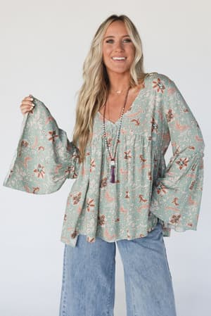 the-nest-brea-mixed-print-top-sage-floral-print/Sage Multi