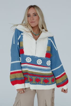Opal Patterned Boho Pullover Sweater in Blue Multi from Three Bird Nest