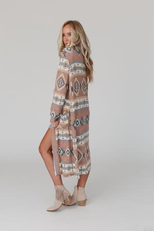 Multi / side view of the Santa Fe Rose Duster Cardigan in Multi