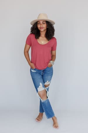 3BN Scoop Neck Bralette Tee - Marsala | Tops - Three Bird Nest