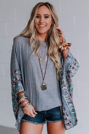 Fallon Embroidered Sleeve Kimono - Charcoal - Three Bird Nest