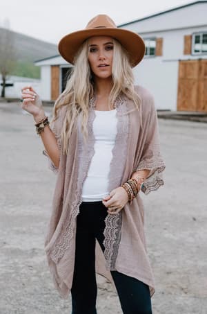 Marie Lace Trim Kimono - Mocha - Three Bird Nest