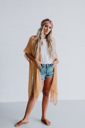 Mikka Sequin Frayed Trim Kimono - Mustard  - Three Bird Nest