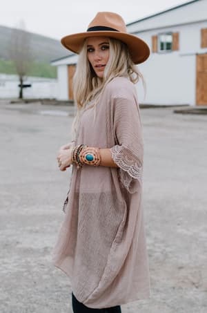Marie Lace Trim Kimono - Mocha - Three Bird Nest
