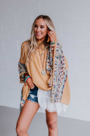 Fallon Embroidered Sleeve Kimono - Mustard  - Three Bird Nest