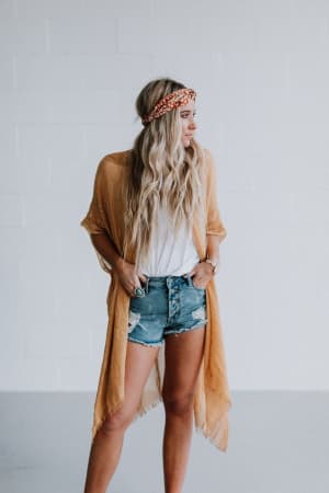 Mikka Sequin Frayed Trim Kimono - Mustard  - Three Bird Nest