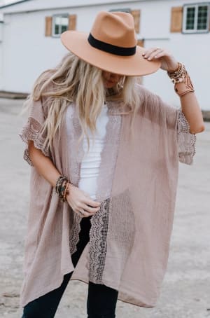 Marie Lace Trim Kimono - Mocha  - Three Bird Nest