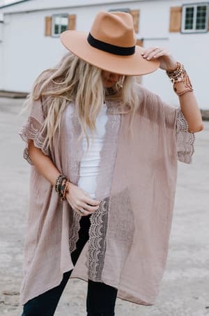 Marie Lace Trim Kimono - Mocha - Three Bird Nest