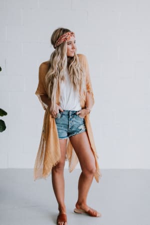 Mikka Sequin Frayed Trim Kimono - Mustard - Three Bird Nest