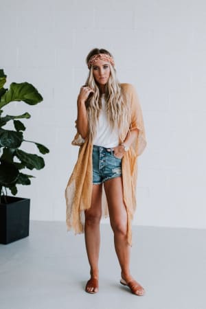 Mikka Sequin Frayed Trim Kimono - Mustard  - Three Bird Nest