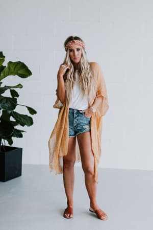 Mikka Sequin Frayed Trim Kimono - Mustard - Three Bird Nest