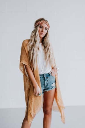 Mikka Sequin Frayed Trim Kimono - Mustard  - Three Bird Nest