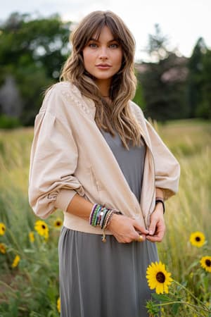 A woman with wavy brown hair stands among yellow sunflowers, wearing the beige Lorelei Crochet Jacket over a gray dress and colorful bracelets, with greenery and trees blurred in the background.