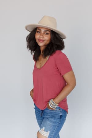 3BN Scoop Neck Bralette Tee - Marsala | Tops - Three Bird Nest