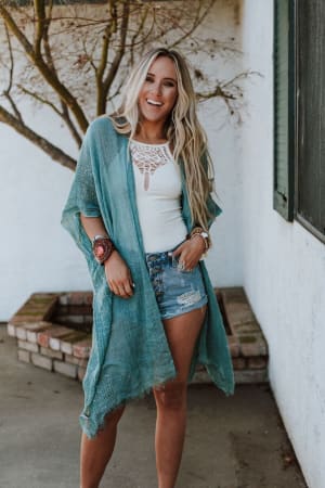 Mikka Sequin Frayed Trim Kimono - Teal  - Three Bird Nest