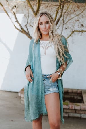 Mikka Sequin Frayed Trim Kimono - Teal - Three Bird Nest