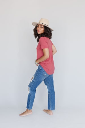 3BN Scoop Neck Bralette Tee - Marsala | Tops - Three Bird Nest