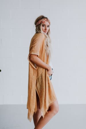 Mikka Sequin Frayed Trim Kimono - Mustard  - Three Bird Nest