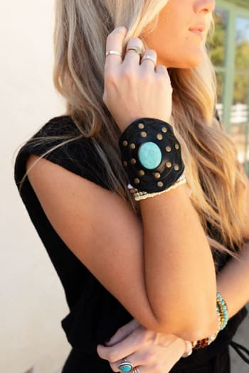aegean-boho-black-leather-cuff-bracelet-turquoise/Black