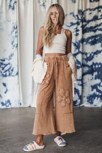 ethereal-blooms-wide-leg-pants-almond/Brown