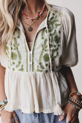 louella-embroidered-peplum-top-olive/Green