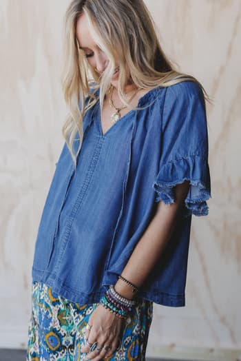 hearts-aligned-ruffled-sleeve-top-dark-denim/Blue
