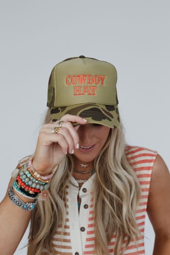 not-your-cowboy-trucker-hat-olive-camo/Olive Camo