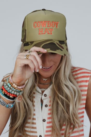 not-your-cowboy-trucker-hat-olive-camo/Olive Camo