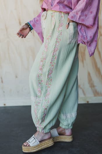 floral-drift-embroidered-pants-sage/Green