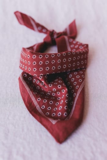 The Rylee Flower Field Bandana Scarf in rust features a classic bandana print with small white florals and a white border, shown tied and folded on a light pink fabric background.
