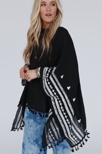 fallon-embroidered-sleeve-tassel-poncho-black/Black