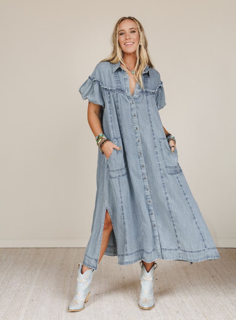 denim western dress puff sleeve smocked tiered Muse Maxi - Blue- Size S Color:SUBLIME SPRING CROCHET Booties at Work - LOW-STOCK Casual western front placket and ruffle