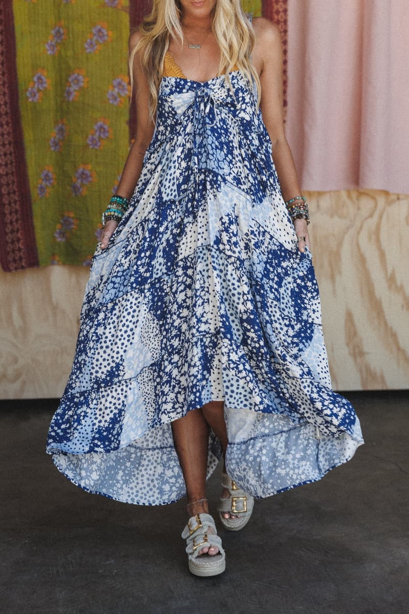 christabel tiered maxi dress blue floral Cecelily - Blue- Size L Long floral Size:SML MISSION6 Kia | Navy Polka Adjustable spaghetti straps Hi