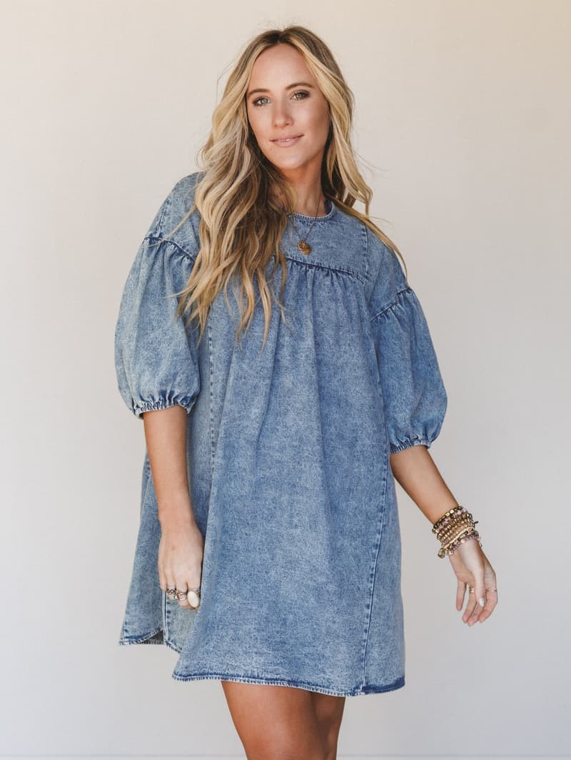 Denim Lover Puff Sleeve Dress - Indigo- Size S