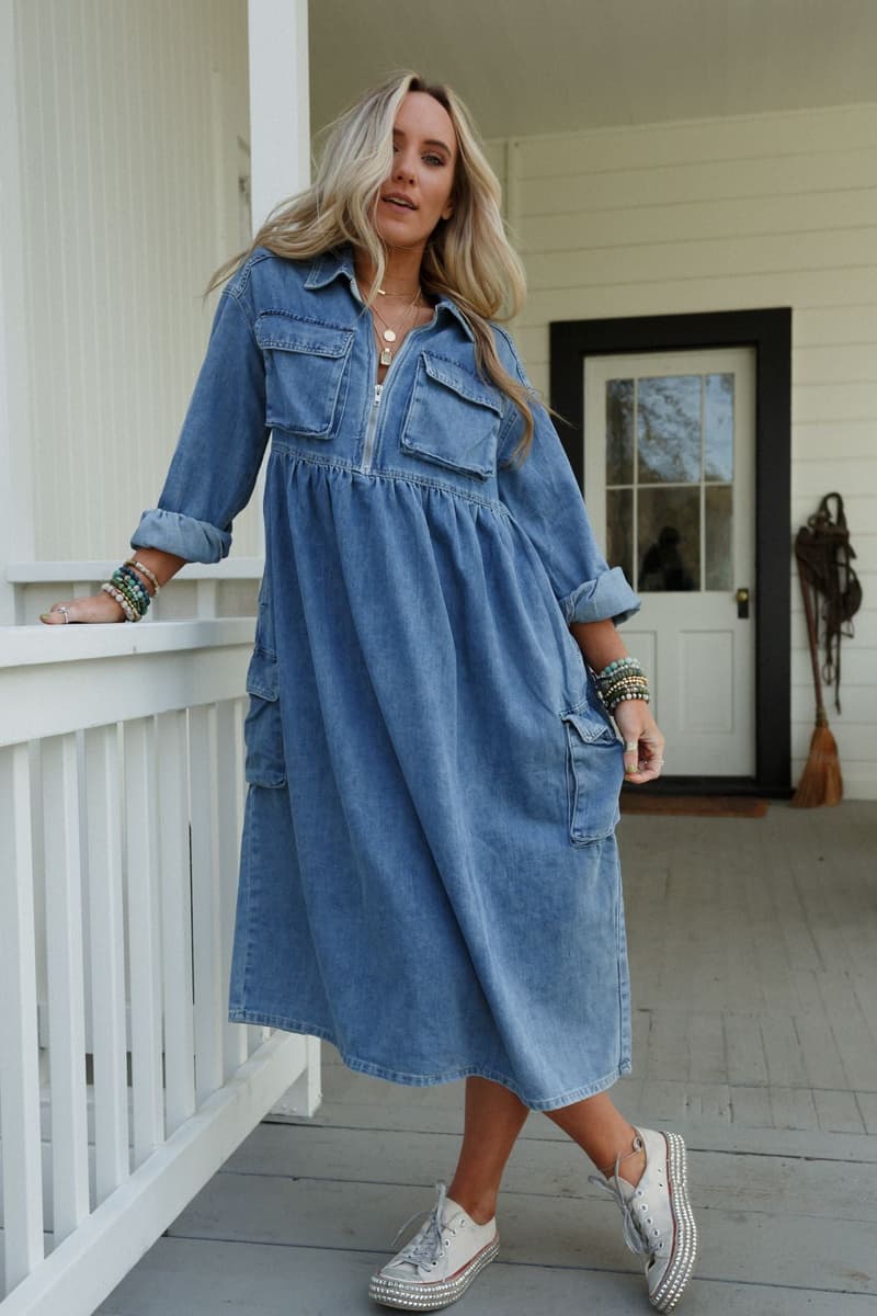 denim dress open back Jendue Women's Sosa Maxi - Stylish Cutout Jean Dress Step out of the 4.8.26 Markdown Preview XS Mottled Greenlake Ribbed Color:emerald/jade