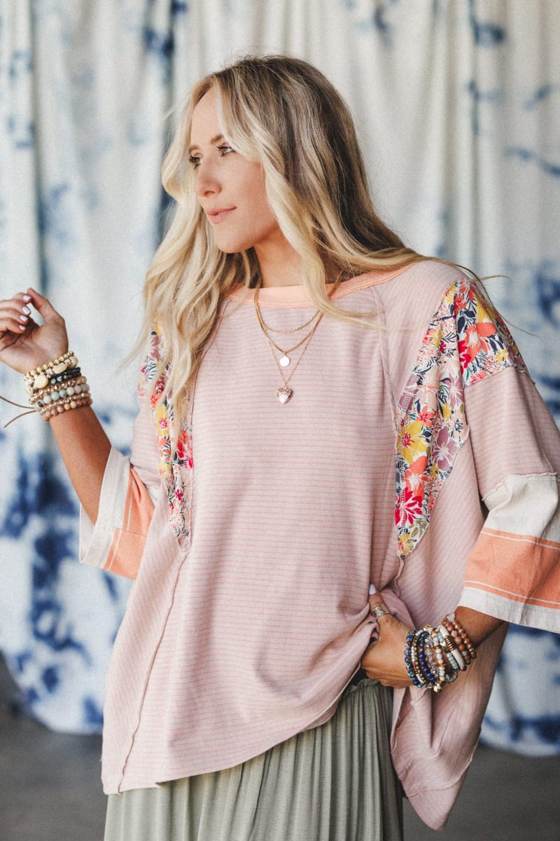 Britt Patchwork Floral Print Top - Apricot | Three Bird Nest