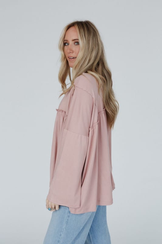 Solid Serenity Long Sleeve Babydoll Top - Mauve Dusty