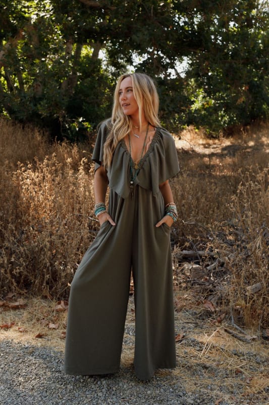 On Repeat Open Back Ruffle Jumpsuit - Light Olive