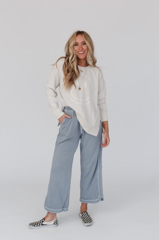 So Comfy Wide Leg Pant Cropped Length - Faded Blue