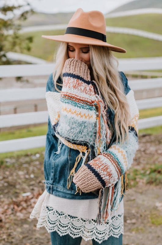 Jean Jacket + Sweater + Maxi dress + Moto Boots-Layering against the cold… |
